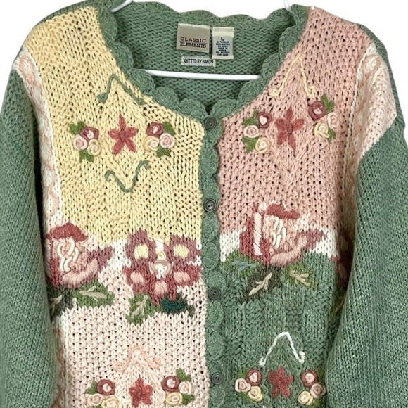 Vintage 80's Classic Elements Hand Knitted Floral Cottagecore Cardigan Like New! - Picture 3 of 12